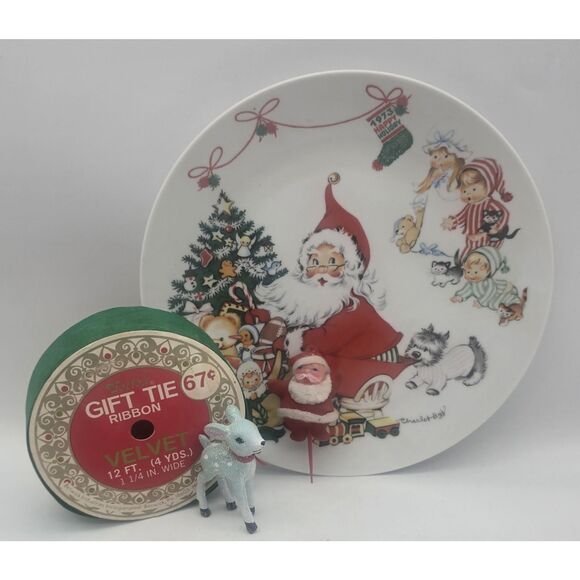 Lot~ SANTA  plate CHARLOT BYJ 1973 GOEBEL Christmas / VTG Ribbon / Reindeer.. - Picture 1 of 15
